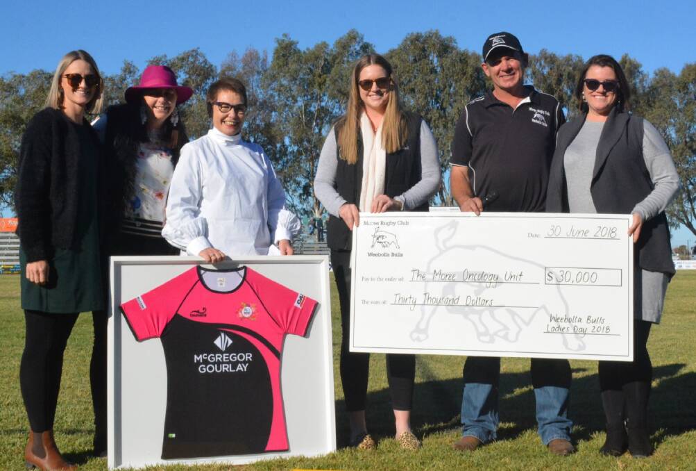 GENEROUS DONATION: Moree Hospital acute health service manager Bronwyn Cosh (third from left) was presented a $30,000 cheque by Moree Bulls Ladies Day committee members Sarah Grant, Marguerite McCormick, Nicole Youngberry, and Lisa Moore, and Bulls president Paul King at the Bulls' recent home game. Absent: Sophie Evans, Jessica Thompson, Emily Ryan and Keira Burey. Photo: Sophie Evans