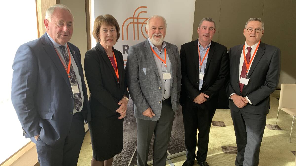 Toowoomba Regional Council mayor Paul Antonio, Moree Plains Shire councillor and MBIRA chair Sue Price OAM, Mildura Rural City councillor and Rail Freight Alliance Chair Glenn Milne, Rail Freight Alliance CEO Reid Mather, and Inland Rail project director Victoria Andrew Scott at the 2019 Inland Rail Symposium.