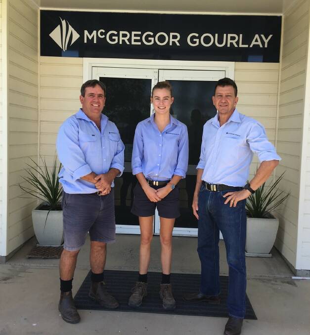 BRIGHT FUTURE: 2018 scholarship winner, Charlotte Meppem (centre) pictured with McGregor Gourlay senior agronomist Scott Rogers and group commercial manager Michael Slater.