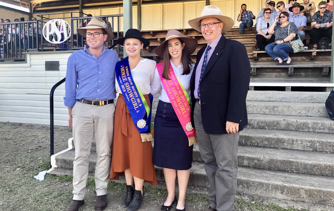Federal Member for Parkes Mark Coulton (right) with Northern Tablelands MP Adam Marshall and 2019 Moree Showgirl Emily Ryan and runner-up Emily Cosgrove. Photo: supplied