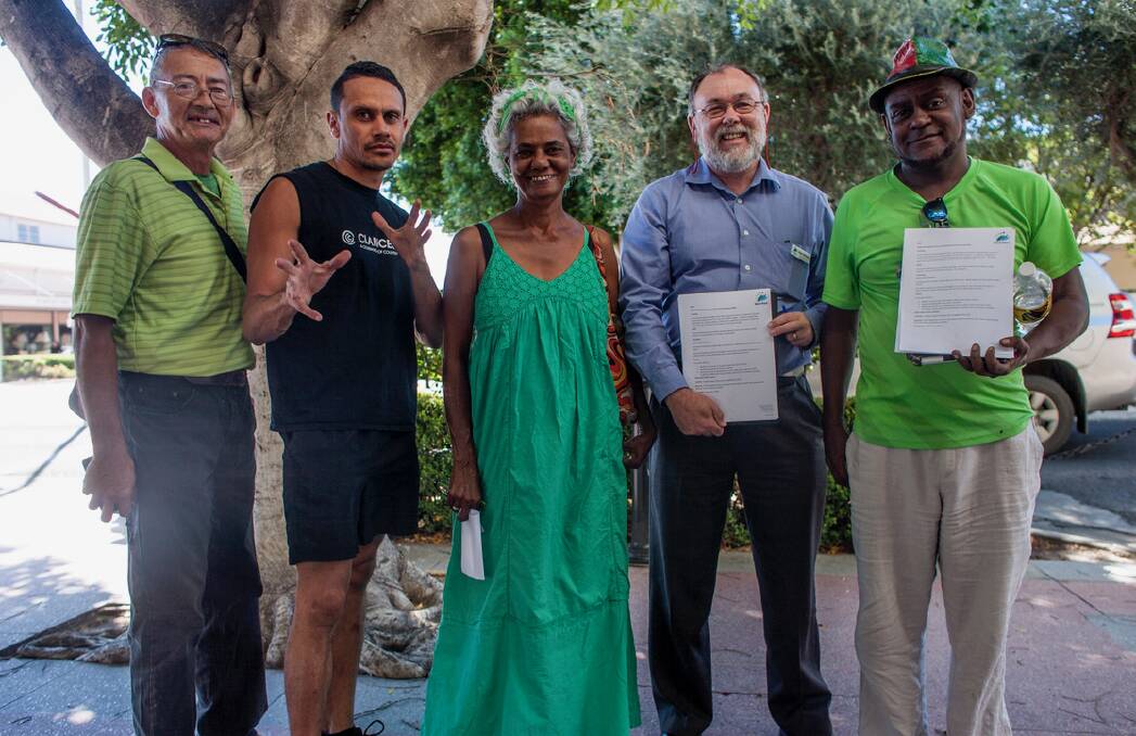 Greg Hoy, Buddy Hippi, Polly Atmore and Paul Spearim were working with Moree Plains Shire Council's Angus Witherby (second from right) on a Memorandum of Understanding to acknowledge the Waterloo Creek massacre. Photo: Lisa Hogben