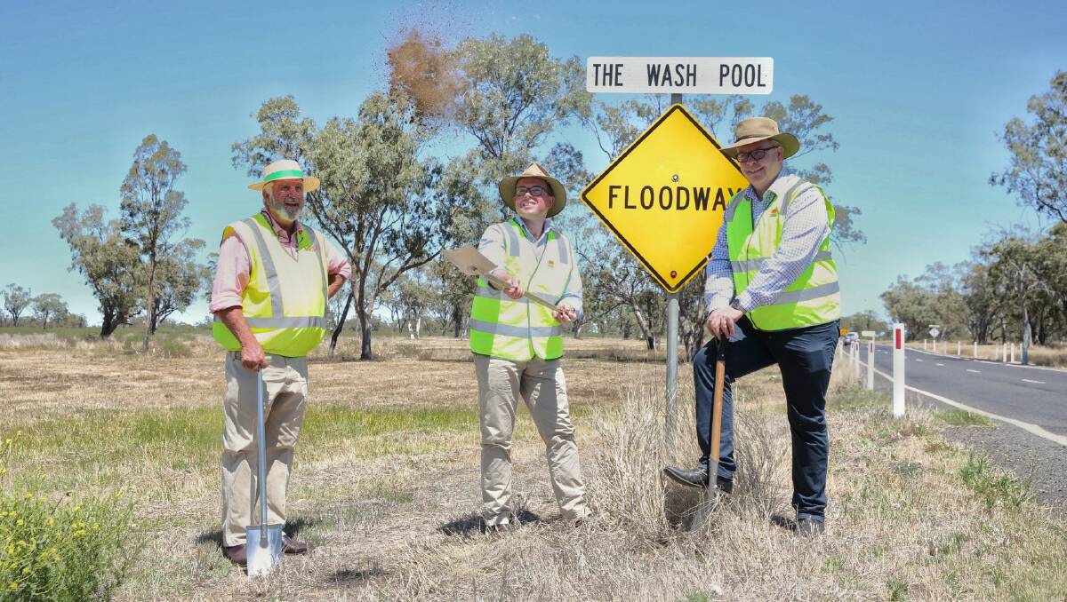 Moree Plains Shire councillor Mike Montgomery AM, Northern Tablelands MP Adam Marshall and Transport for NSW Regional General Manager Alistair Lunn turning the first ceremonial sod of soil on the $7.1 million Washpool project. Photo: supplied