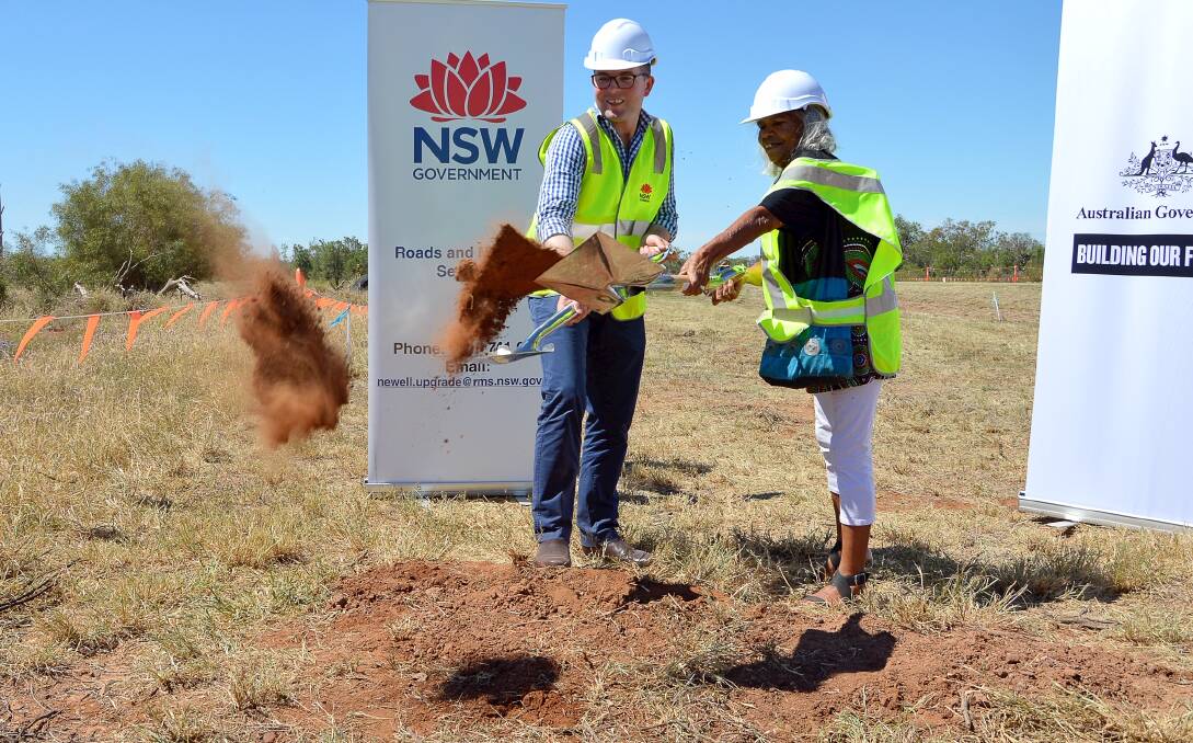 Northern Tablelands MP Adam Marshall, left, and local Aboriginal Elder Aunty Elaine Edwards turn the first sods of soil on the $122 million Newell Highway upgrade project, south of Boggabilla.