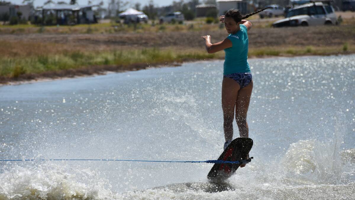 Tayla Simmonds competing in the trick event at the 2019 Mastercraft Australian Junior Masters, held at Moree Water Park in January.