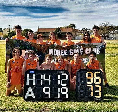 VICTORIOUS: Moree Suns juniors with the scoreboard following Saturday's match against Inverell Saints.