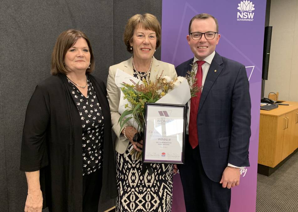 Moree Plains Shire Councillor Sue Price OAM (centre) receiving her award today from Local Government Minister Shelley Hancock and Northern Tablelands MP Adam Marshall on Thursday.