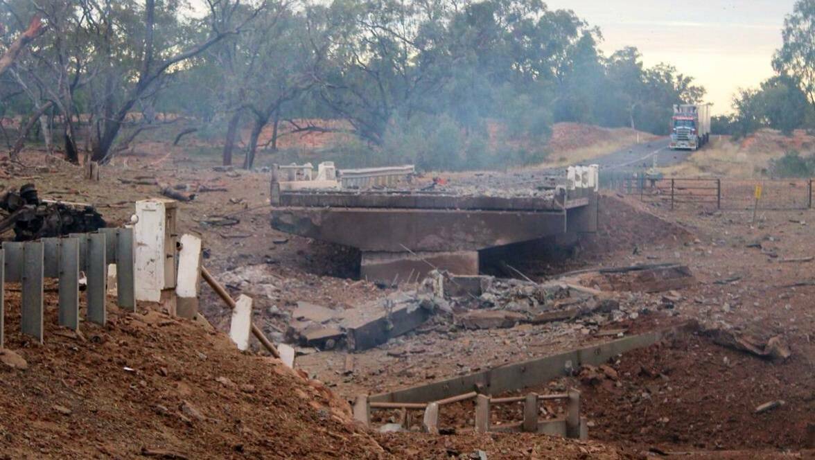 DAMAGE: The bridge on the Mitchell Highway south of Charleville was destroyed in the 53-tonne blast in 2014. Photo: Queensland Police Service.