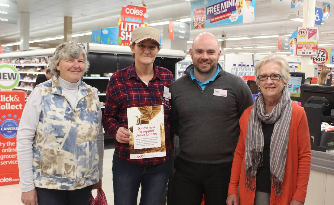 LENDING A HAND: Moree CWA president Maryke Greutink (left) and secretary Joy Holmes (right) with Coles Moree bakery manager Janine Stevens, who is participating in 'Flannel Friday for Farmers', and store manager Ryan Lumb encourage customers to donate in store to help struggling farmers.