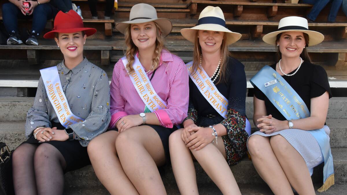 Moree Showgirl coordinator and 2017 showgirl Kate Lumber (right) with 2018 showgirl Bronte Marshall, Miss Personality Daniella Stewart and runner-up Mekayla Maher at last year's show.