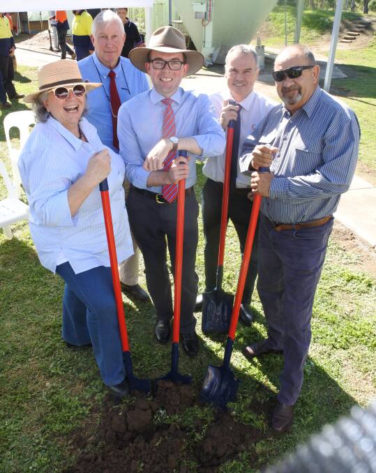 Hard at it. Pictured from left are Moree Plains Shire Mayor, Katrina Humphries,  Graham Macpherson from the MPSC, Adam Marshall MP,  Coastal Works Group Leader, Allan Hindmarsh and Toomelah Land Council CEO, Carl McGrady.