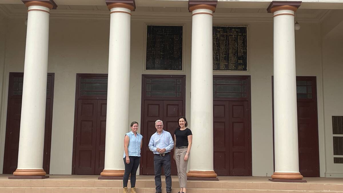 Project manager Emily Gail, Moree Plains Shire Council Mayor Mark Johnson and new venue manager Vivien Clyne on the steps of the refurbished memorial hall. It is scheduled to re-open by the end of winter.