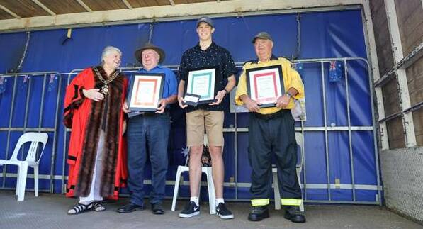 Mayor Katrina Humphries with Australia Day award recipients (from left) Barrie Brooks, Rhys Devney and Darryl Brady.