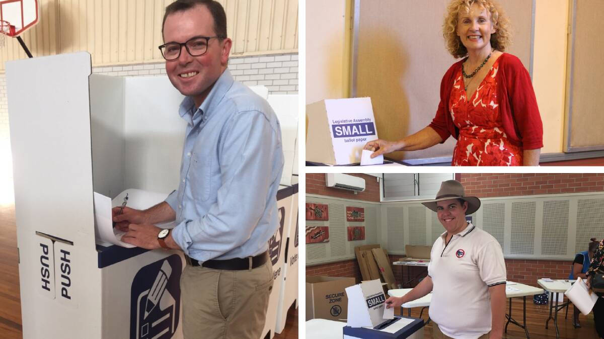 Nationals MP Adam Marshall votes in Moree, Labor's Debra O'Brien at Armidale Town Hall and Shooters, Fishers and Farmers Party candidate Rayne Single at Tingha Public School. Pictures: Sophie Harris, Steve Green and submitted