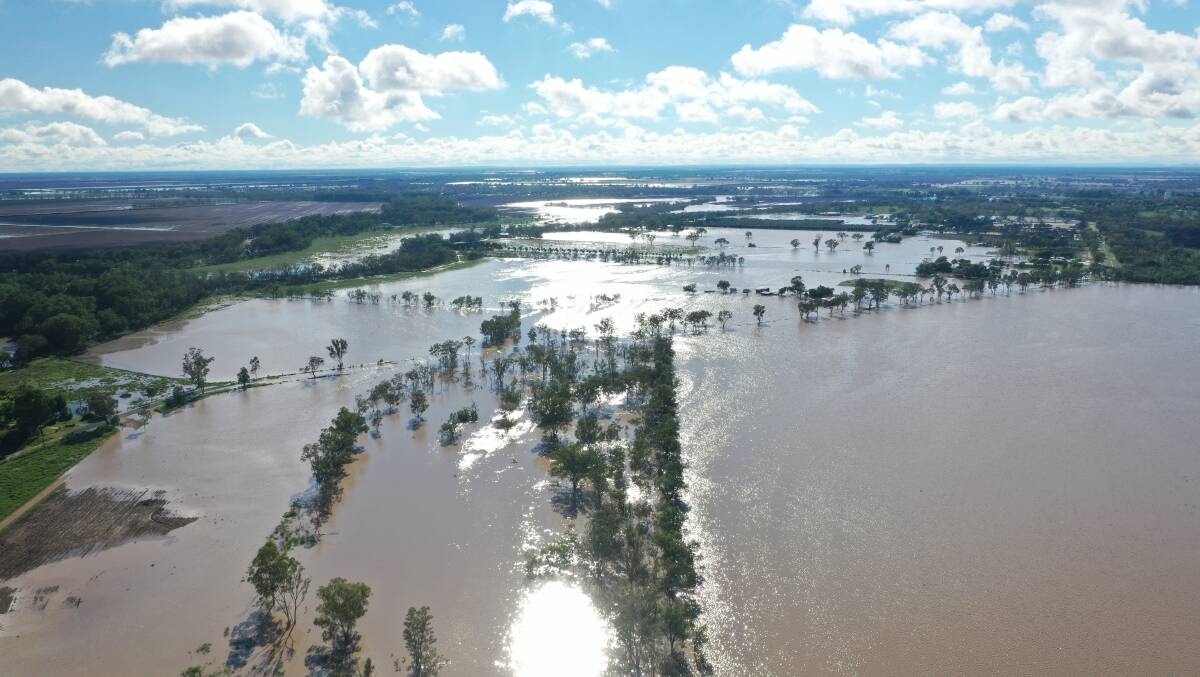 An aerial view of flooding at Chinamans Lane, Moree on Wednesday morning. Photo courtesy of Sascha Estens, Rabbit Hop Films
