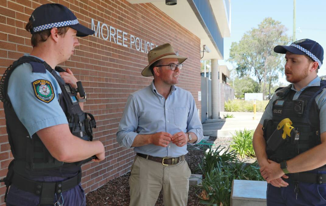Northern Tablelands MP Adam Marshall (centre) with Moree Police Probationary Constable Kobe Russell and Constable Harley Griffith.