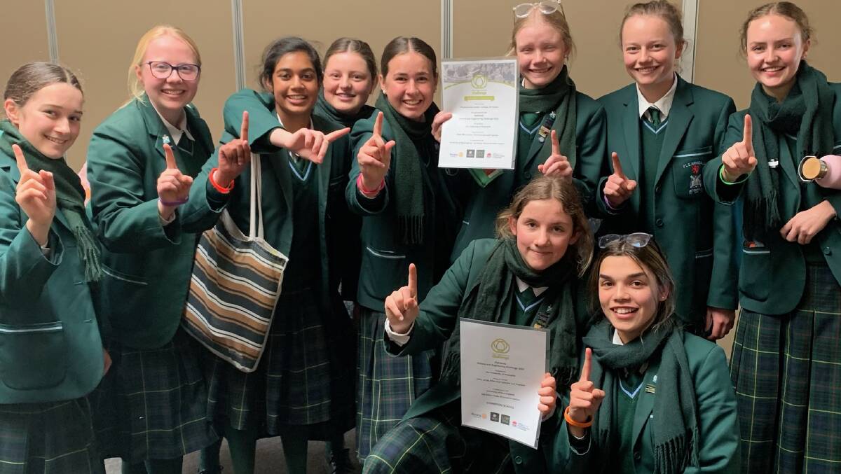 Caitlin Kable from Wee Waa (back row), Mia Montgomery from Walgett (back row) and Sophia Whibley from Moree (front) were part of the PLC Armidale Stage 5 team that placed first in the regional Rotary Science and Engineering Challenge last week.