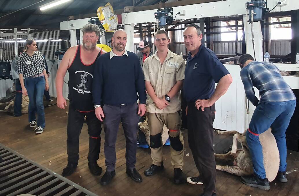 Shearer Trainer Ross Thompson, RDANI Executive Director Nathan Axelsson, Bayley Platt from Warialda High School and Shearer Trainer Leo Fittler at the Wool Works Shearing School session near Inverell.
