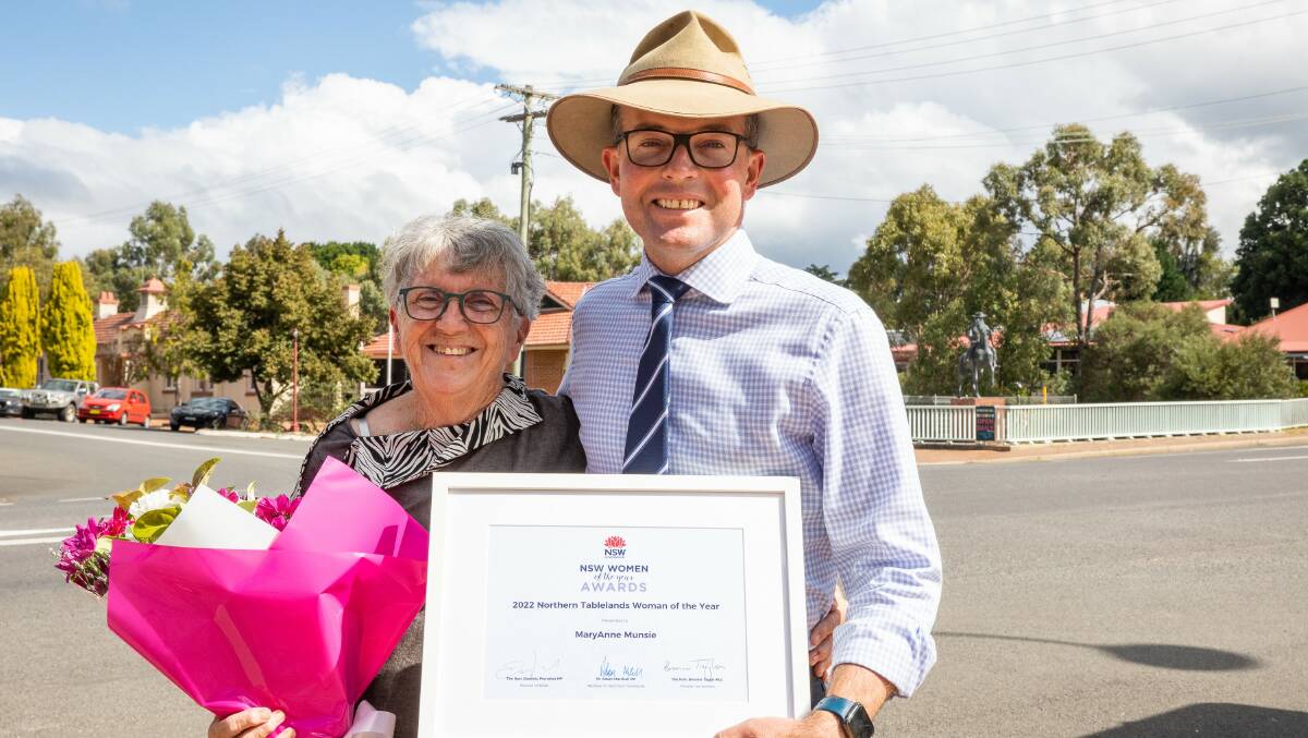MP Adam Marshall with 2022 Northern Tablelands Woman of the Year, Urallas Mary Anne Munsie. Picture: Supplied.