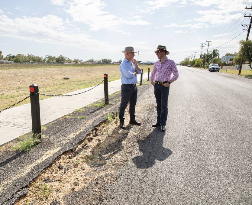 Northern Tablelands MP Adam Marshall and Moree mayor Mark Johnson at Amaroo Drive, Moree, one of the roads expected to benefit from $6.9 million State Government funding boost.