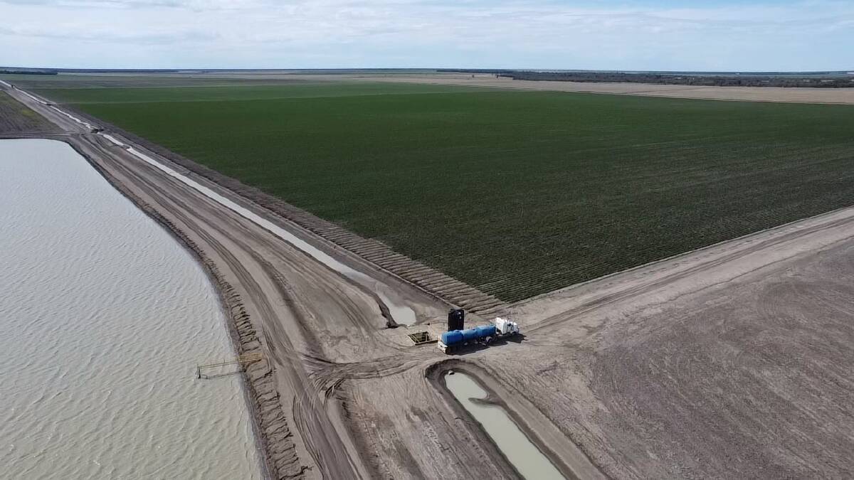 A drone image of a liquid tank at irrigated cotton head ditch in Moree. Picture supplied.