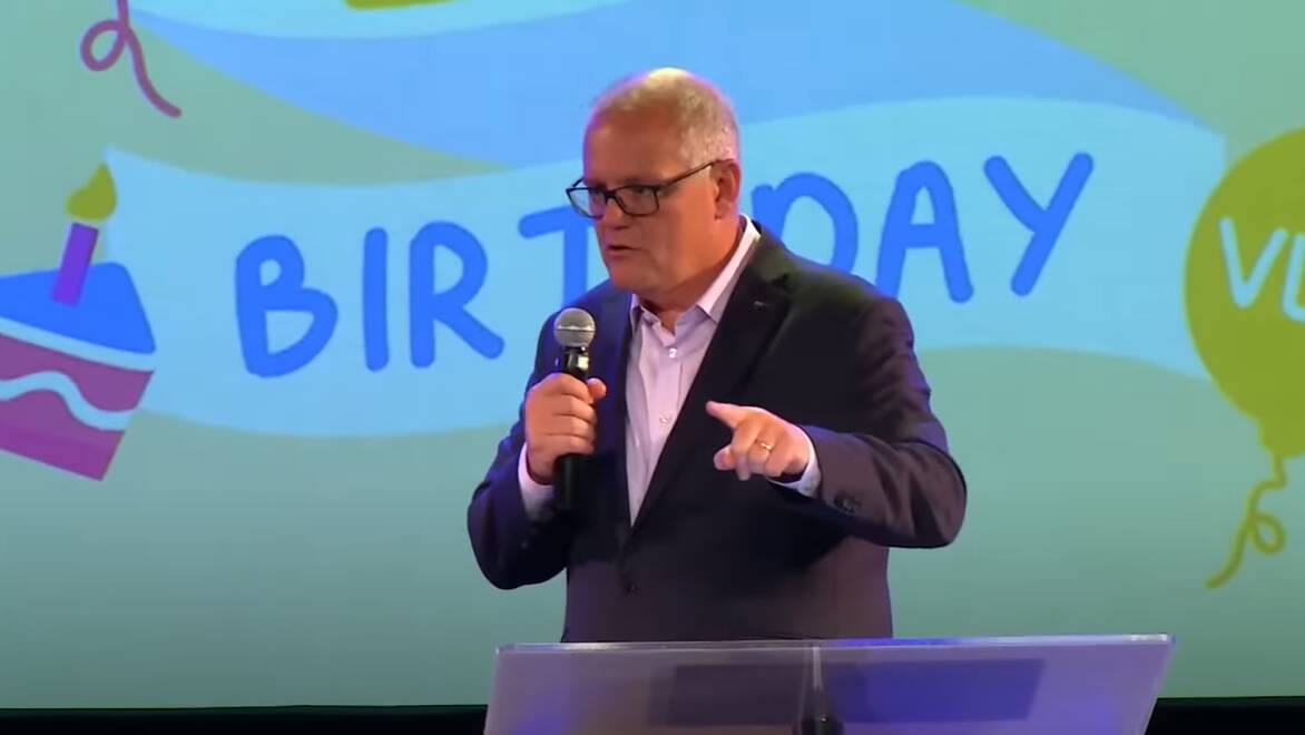 Scott Morrison delivering a speech at Margaret Court's Victory Life Centre Pentecostal church in Perth.