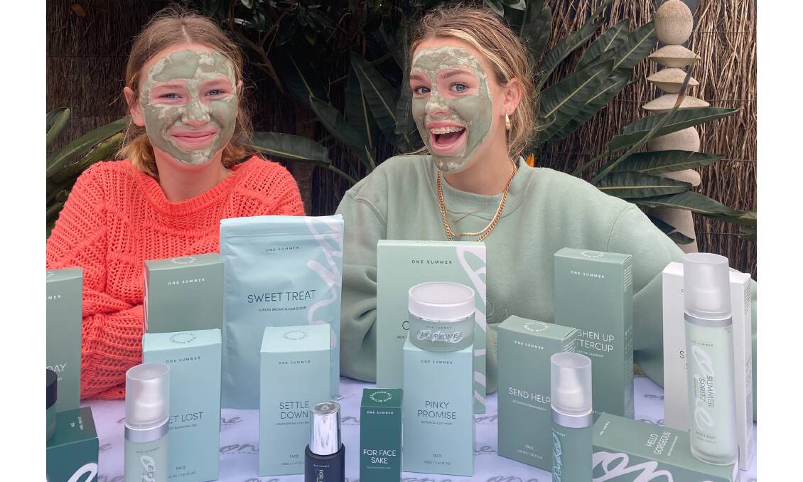 YOUTHFU GLOW: 13-year-old Tilly (left) and 16-year-old Daisy Johnson with thier One Summer skincare range. Photo: Supplied