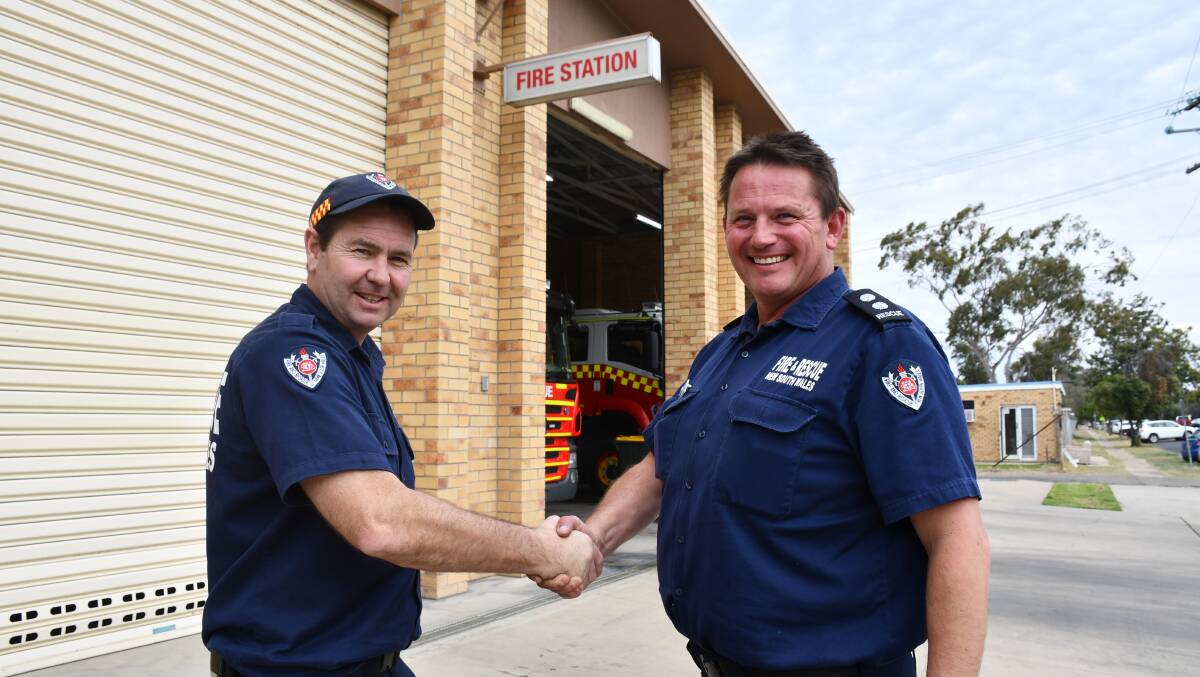 Moree firefighter Warren Clark was warmly welcomed at the local fire station on Thursday when Tamworth Fire Station commander Glenn Willsallen dropped in to the station.