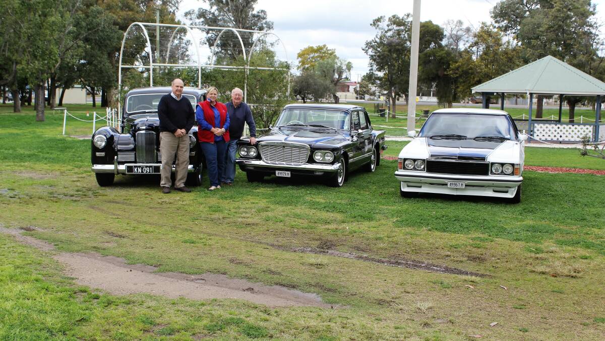 Moree Motor Enthusiast Club members John Officer, Sonia Rowe and Cliff Smith with their pride and joys in 2016.