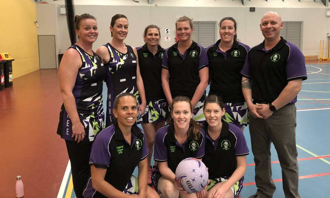 (back row) Julie Rushby, Kristy Hobday, Julie Denyer, Katie McMeniman, Alice Clark, Jamie Hook (front row) Olive Munro, Kathryn Minogue and Hannah McLaren. Amy Sampson and Ange Coy (absent). Photo by Moree and District Netball Association.