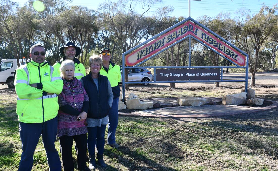 Cemetery maintenance officers Norman Duke and Colin Andrews next to Aunty Noeline Briggs-Smith OAM, Moree Landscape Tracy Donald and Jeffrey Muggleton.