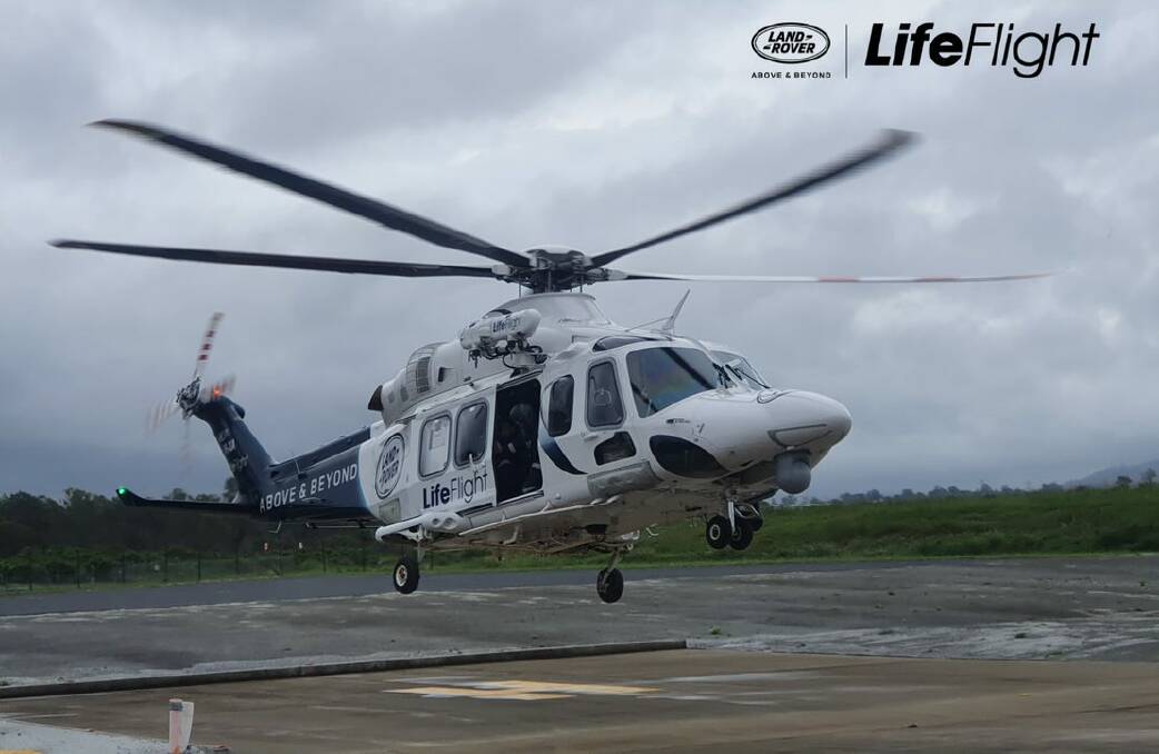 The helicopter taking off from Brisbane. Photo courtesy of Land Rover LifeFlight.