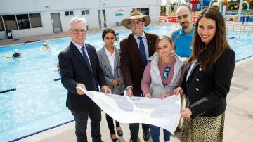 FUNDING SPLASH: Looking over plans for the new pool are Moree Plains Shire Mayor Mark Johnson, Councillor Mekayla Cochrane, Northern Tablelands MP Adam Marshall, Councillor Kelly James, Acting Pool Manager Joe Beaulieu and Deputy Mayor Susannah Pearse. Photo: Supplied
