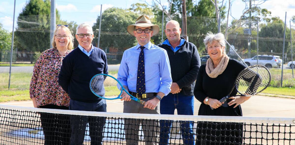 FUNDING A HIT: The long-awaited upgrade of Mungindi's dilapidated concrete tennis courts will soon go to tender with Moree Plains Shire Councillor Lisa Orchin, Mayor Mark Johnson, Northern Tablelands MP Adam Marshall and Mungindi Progress Association's Justin Malone and Kathryn MacMillan. Photo: Supplied