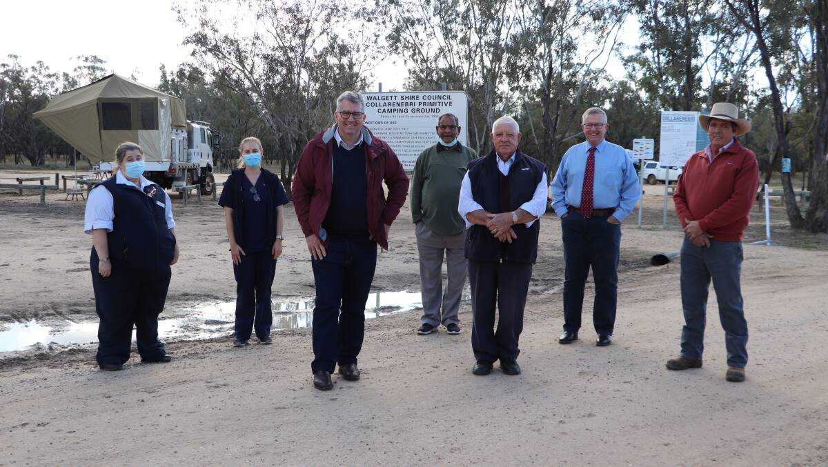 Ministers Keith Pitt and Mark Coulton at the Collarenebri Primitive Camping Ground where the bore bath will be built, with Collarenebri Health Service Manager Suzanne Mahoney, Registered Nurse Marlise Latta, Walgett Shire councillor Lawrence Walford, Mayor Ian Woodcock OAM and councillor Kelly Smith.