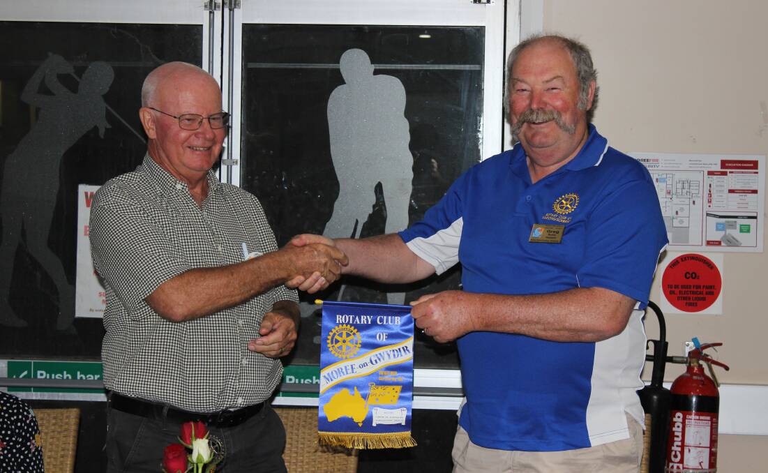 The picture shows the President of the Rotary Club of Moree on Gwydir, Don Waghorn (left) and the President of the Rotary Club of Kariong-Somersby, Gregg Burke (right) exchanging banners at the meeting on Tuesday evening, the 6th November at the Moree Golf Club.