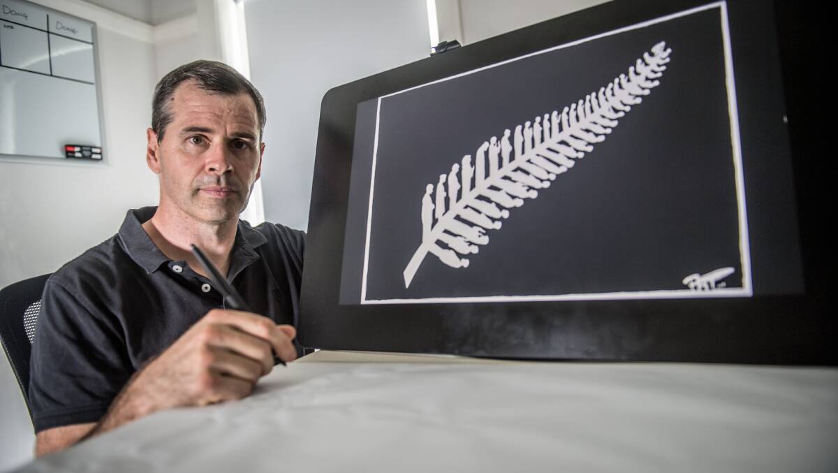 Canberra Times cartoonist Pat Campbell with his silver fern image in the wake of the Christchurch massacre. Photo by Karleen Minney.