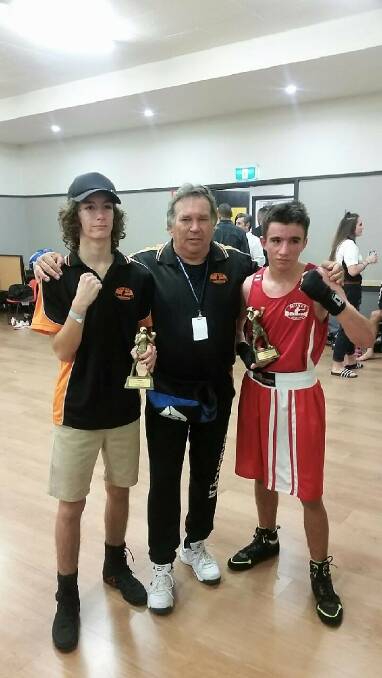 Best of the best: Boxing duo Connor Williams and Zac Crouch with Moree Boxing Academy coach Danny Cheetham in Gunnedah. Photo: Supplied.