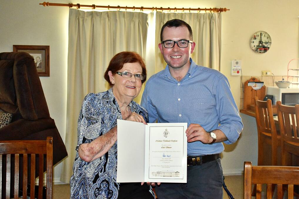 Member for Northern Tablelands Adam Marshall presents Moree’s ‘Hidden Treasure’ Lola Shearer with a certificate marking her inclusion on the State’s Honour Roll.