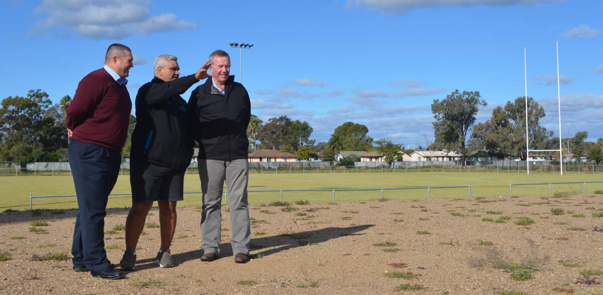 Vision: Mitchell Johnson and Chris Binge with Member for Parkes Mark Coulton at the future location of Moree's Sports Health Arts and Education Academy.