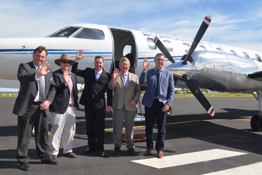 En route: Moree Plains Shire Council general manager Lester Rodgers, economic development officer Mark Connolly, Fly Corporate sales manager Geoff Woodham and councillors John Tramby, and Mick Cikota.