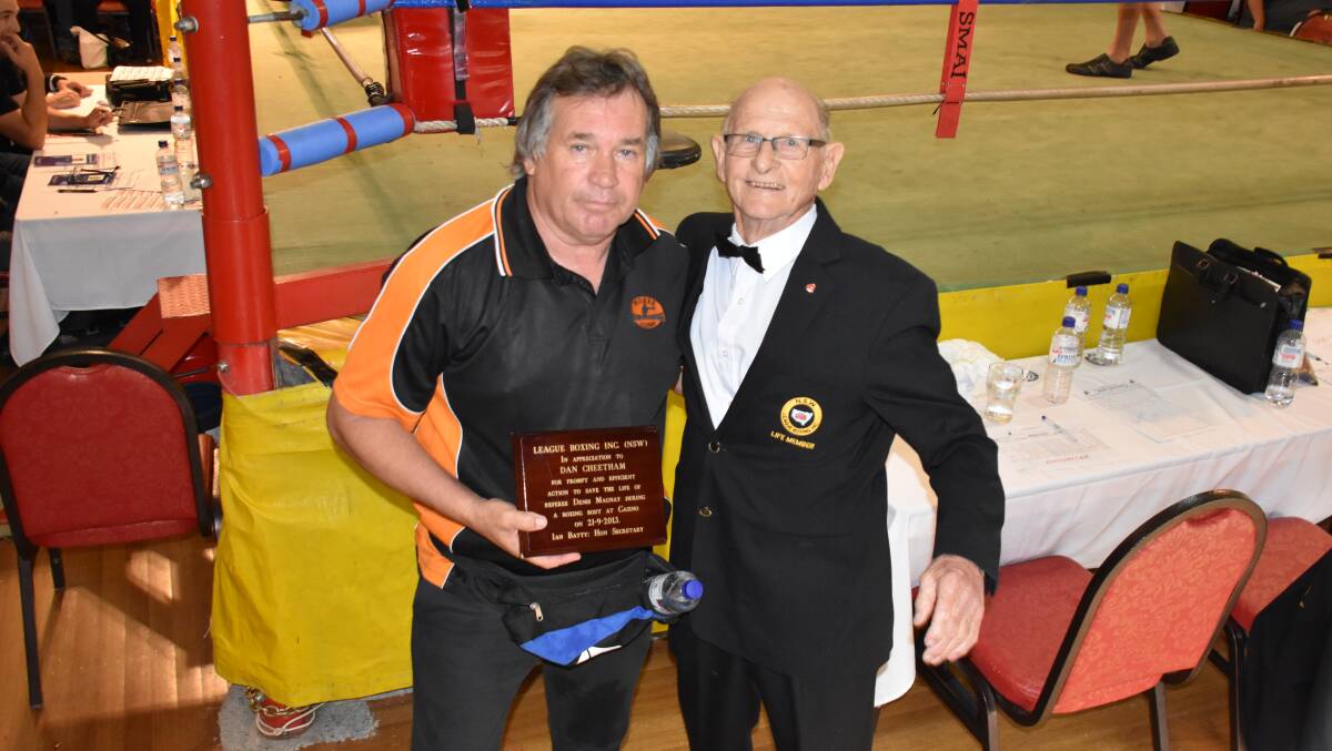 Moree's Danny Cheetham with League Boxing Inc founder Denis Magnay.