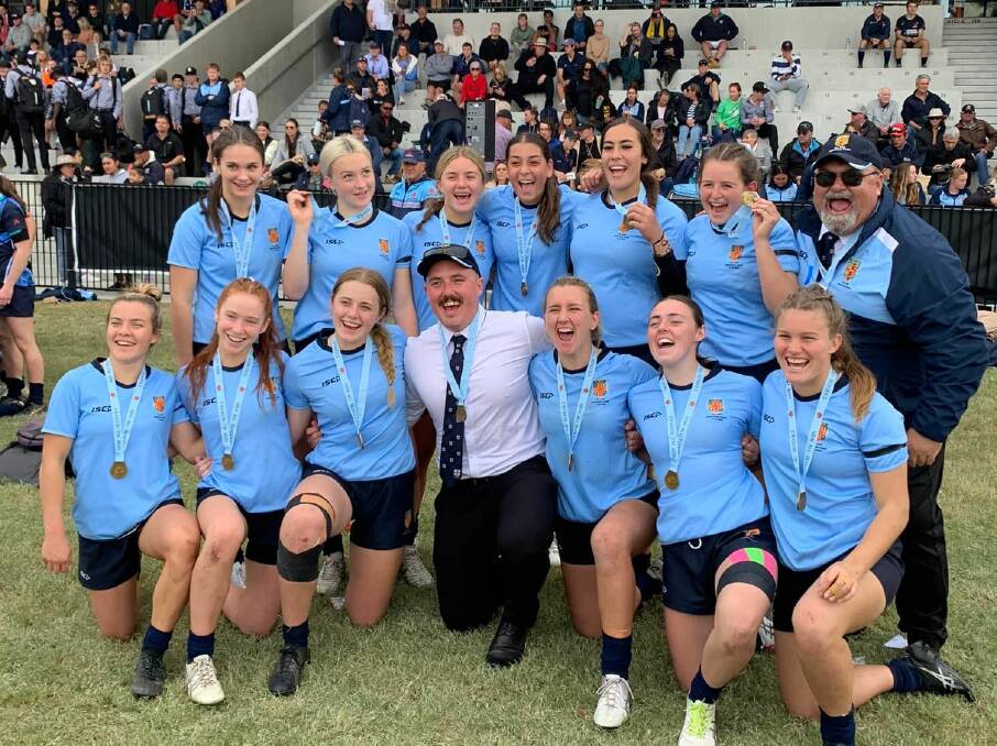 To the victors the spoils: The NSW CHS 1s side which featured Narrabri's Martha Harvey, Warialda's Liliana Reardon and Bingara's Brooke McKinnon celebrate their win at last week's NSW Schools 7s titles.