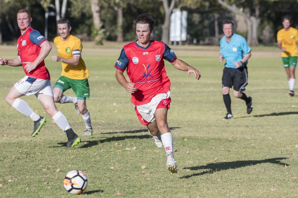Will Menz on the attack for Oxley Vale Attunga last season. The Mushies have drawn Urunga FC first up in their FFA Cup opener but will be at home. 