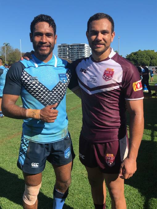 Jarom Haines and Kurt McDonald catching up after the NSW Pioneers defeated the Queensland Rangers. Photo: Lorilie Haines.