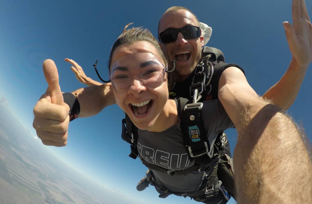 THRILL RIDE: Naomi Duncan with instructor and Australian Skydiving team member and World Skydiving Champion Richie Dronow at a Moree jump. Photo: Skydive Oz.