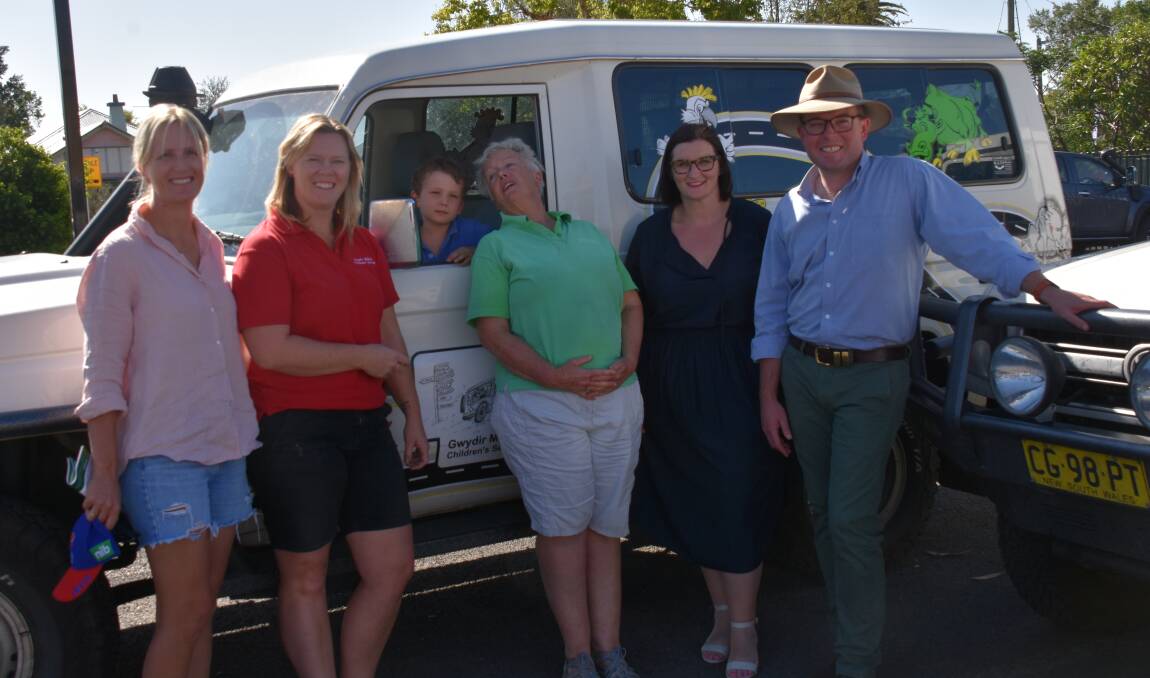 NEW VEHICLES: Polly Quinn, Renae Cronin, Dougal Quinn, director Wendy Baldwin, Minister for Education Sarah Mitchell and Northern Tablelands MP Adam Marshall. 
