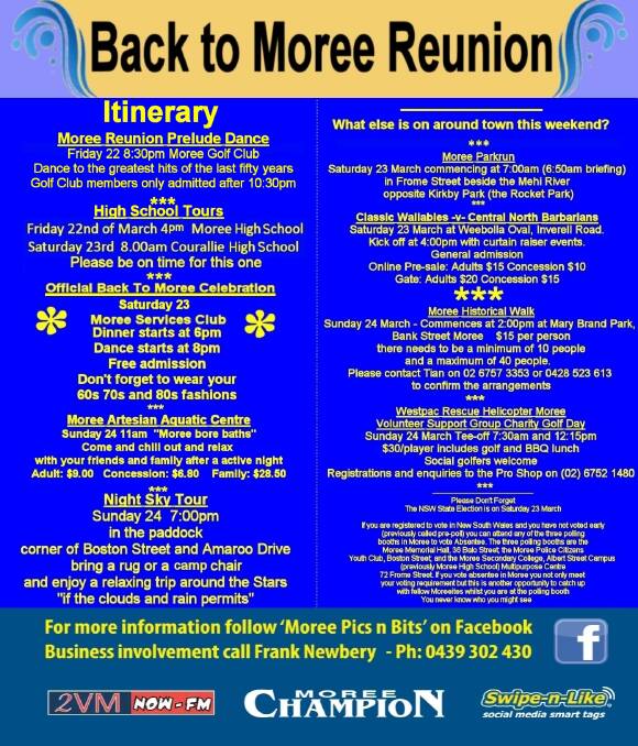 Full itinerary for the Back to Moree Reunion.
