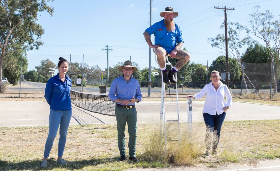 Mungindi Junior Netballs Stacey Garsed, Northern Tablelands MP Adam Marshall, Mungindi Tennis Club president Gary Red Trindall and Mungindi Progress Association president Anna Harrison all smiles with news of major funding to upgrade the courts. Photo: supplied.