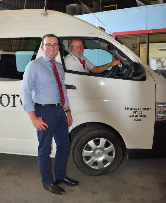 ON DEMAND: Northern Tablelands MP Adam Marshall with Reynolds and Fogarty proprietor Greg Reynolds at the announcement of the On Demand Public Transport trial in Moree last year, with a permanent service now to be established.