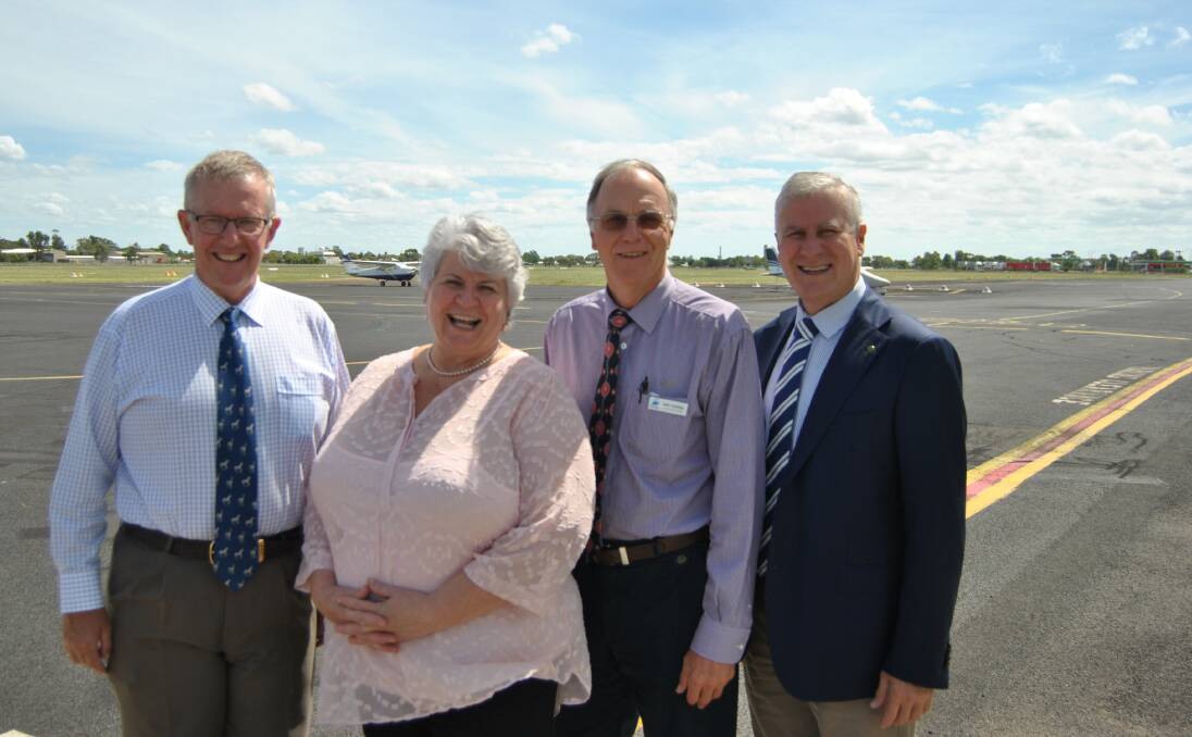 Member for Parkes Mark Coulton at the Moree Regional Airport with Moree Plains Shire Council mayor Katrina Humphries, executive projects manager John Carleton and Deputy Prime Minister and Minister for Infrastructure, Transport and Regional Development Michael McCormack.